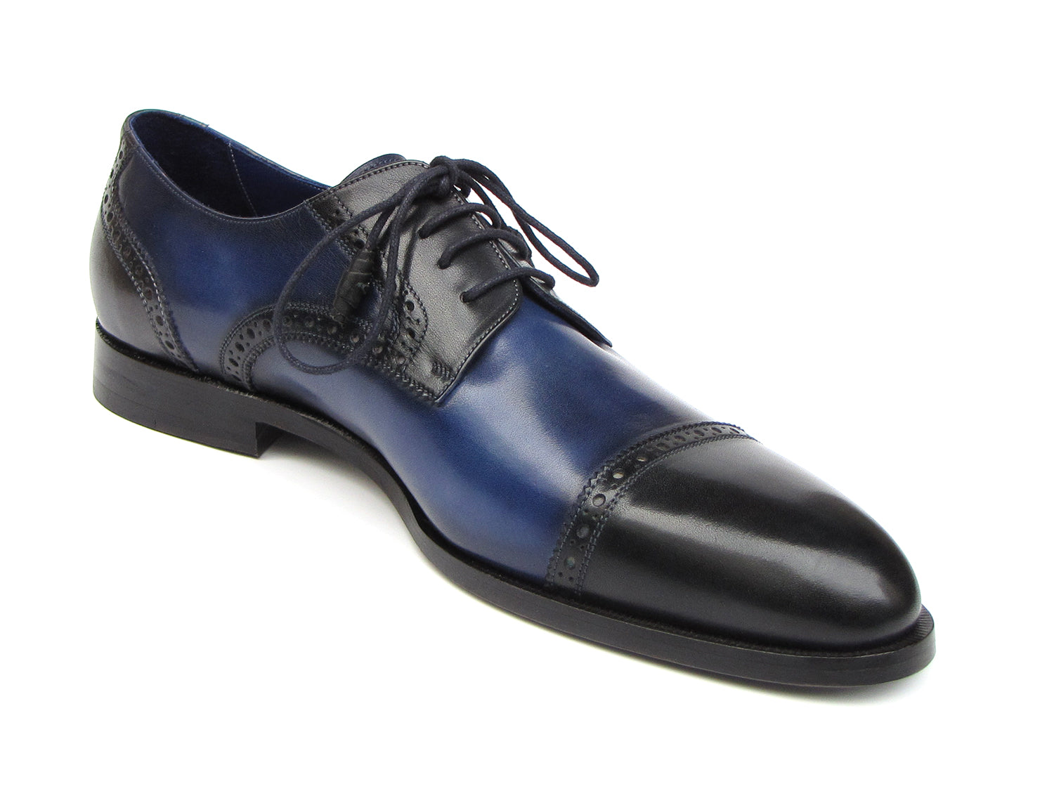 Paul Parkman Men's Parliament Blue Derby Shoes featuring hand-painted leather upper and antique burnished sole.